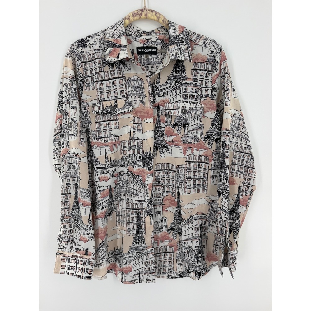 Karl Lagerfeld Paris Cityscape Print Roll Tab Sleeve Button Down Shirt Small